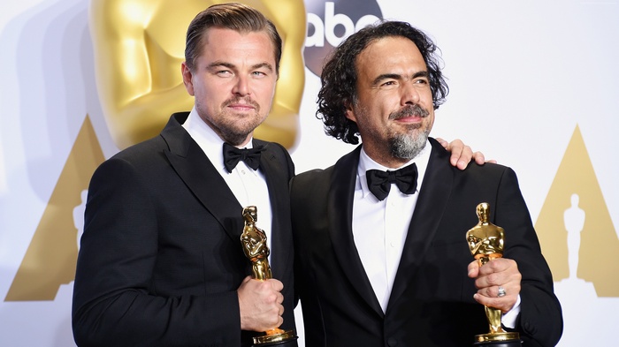 Leonardo DiCaprio and Alejandro G. Iñárritu with Oscars