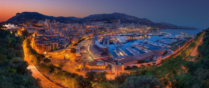 Panoramic view of Monaco harbor at dusk