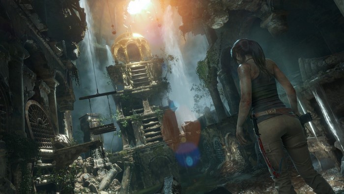 Lara Croft from Tomb Raider in a cave with ruins