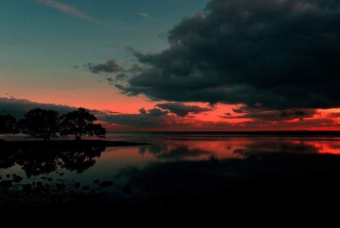 Sunset over the sea with dark clouds and tree reflection