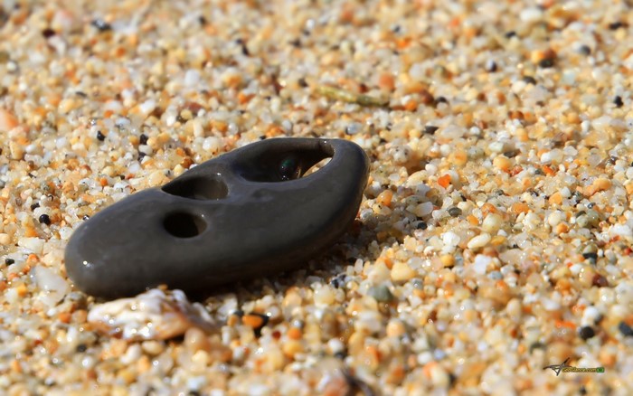 Close-up of a dark stone with holes on a sandy beach