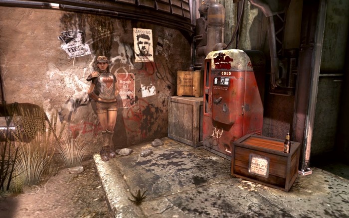Woman in alley with vintage vending machine
