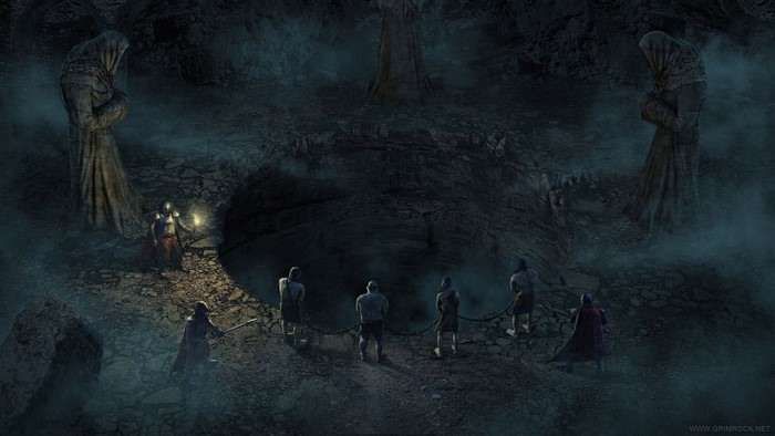 Legend of Grimrock screenshot of figures in a dark cave