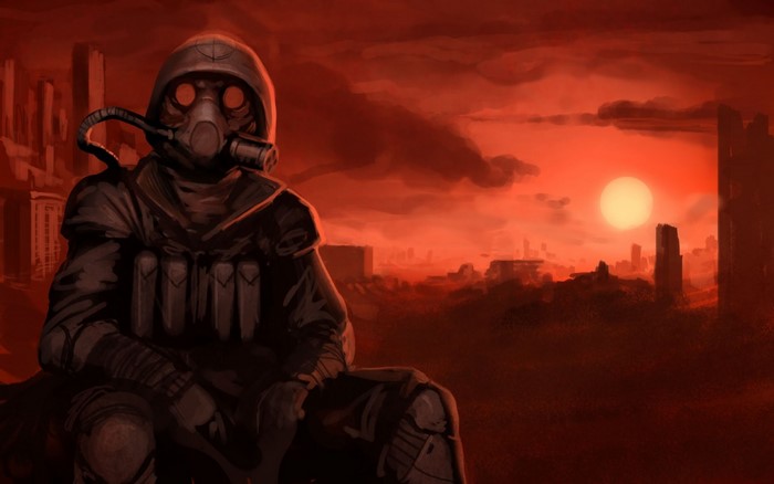 Apocalyptic soldier in a ruined city at sunset