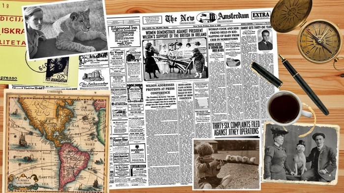 Collage of historical items: newspaper, map, photos, compass, and coffee