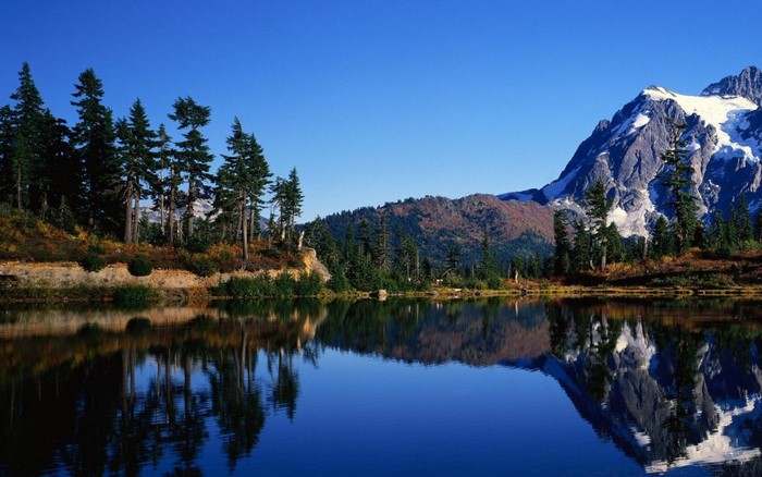 Lake reflection of snow-capped mountain and evergreen trees
