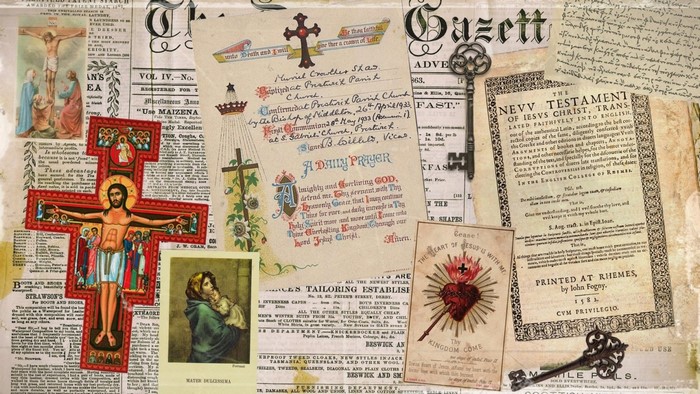 Collage of religious texts, crosses, and keys
