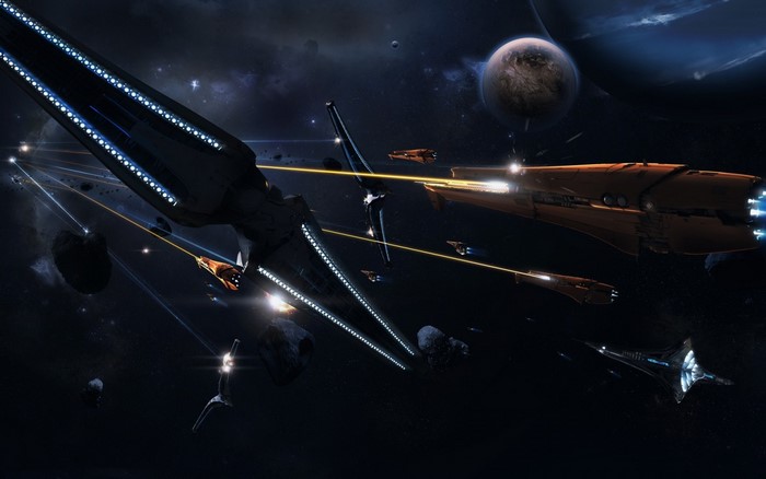 Spaceship battle with lasers in outer space