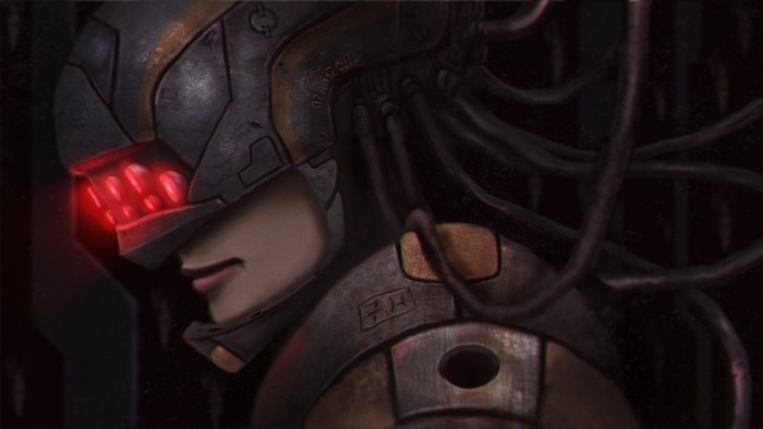 Cyborg woman with glowing red eyes and helmet