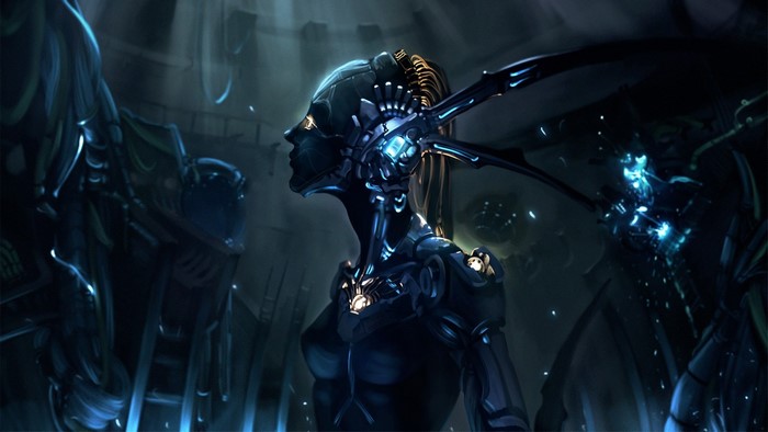 Futuristic android with glowing blue accents in a dark environment