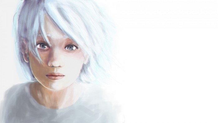 Close-up portrait of a young person with white hair