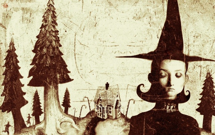 Illustration of a witch and a gingerbread house in a forest
