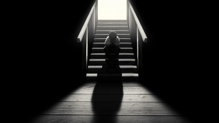 Monochrome Shadowed Figure on Staircase
