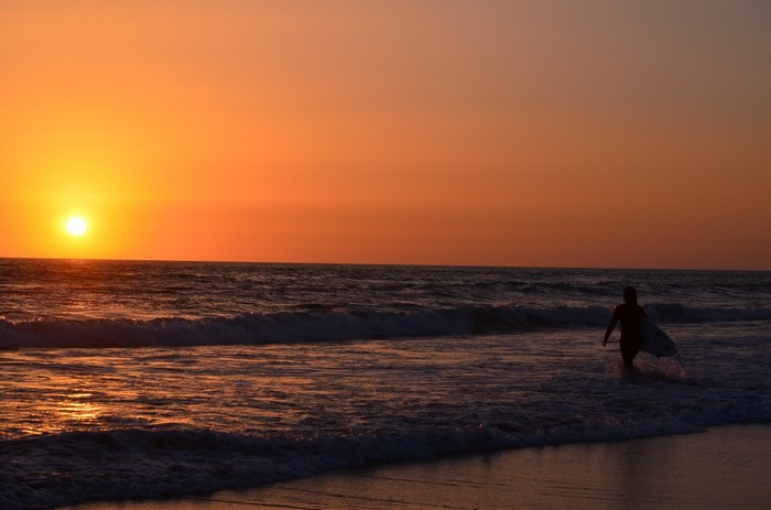 Surfer walking into the ocean at sunset