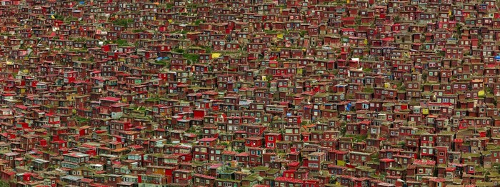 Monastery residential area with red and white buildings