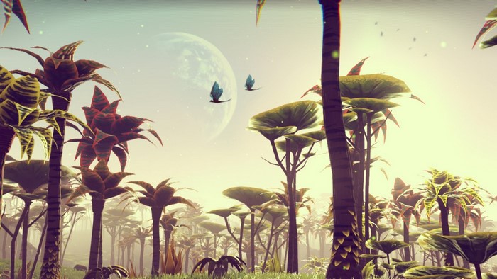 Alien jungle with large moon and flying creatures in No Man's Sky