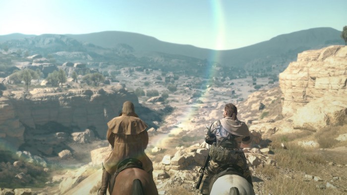 Venom Snake and Revolver Ocelot from Metal Gear riding horses in a desert valley