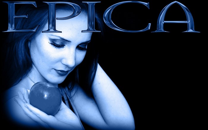 Epica logo with Simone Simons holding an apple
