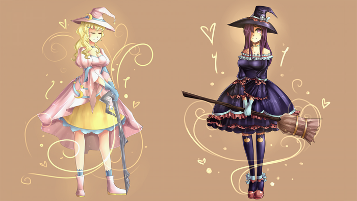 Two anime witches with magical staffs and brooms