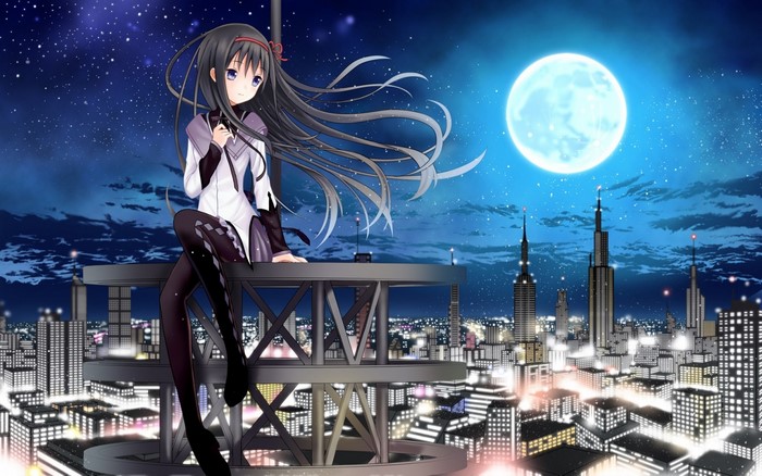 Akemi Homura from Mahou Shoujo Madoka Magica sitting on a platform overlooking a city at night