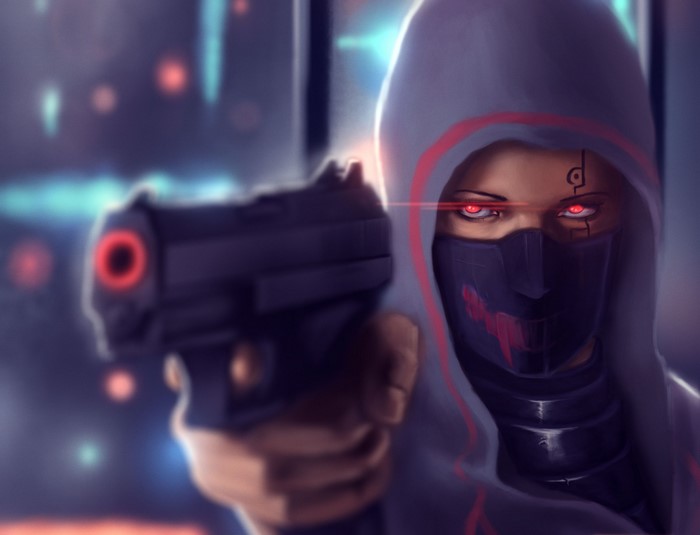 Futuristic character with pistol in dark city