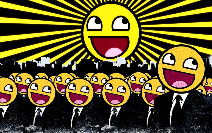 Awesome Face characters in front of a city skyline and sunburst