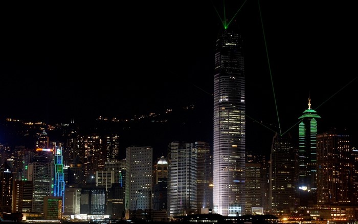 Hong Kong skyline at night with laser show