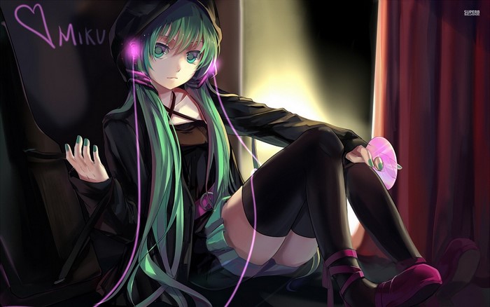 Hatsune Miku from Vocaloid with headphones and CD
