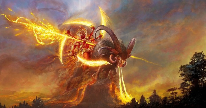Goddess riding a ram with flames and fire