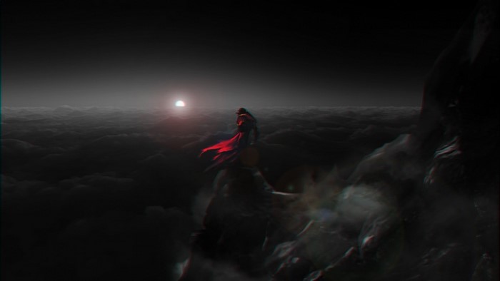 Fantasy art of a figure in a red cloak on a cliff
