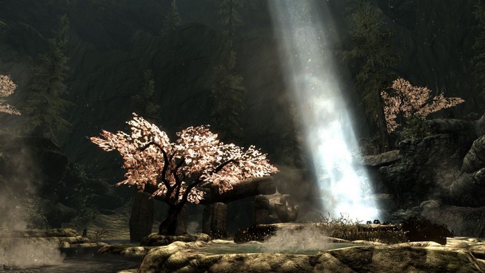 The Elder Scrolls V Skyrim waterfall with cherry blossom tree