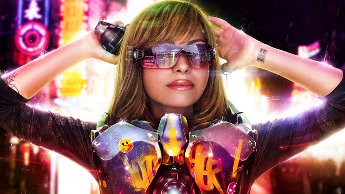 Woman in futuristic armor and glasses
