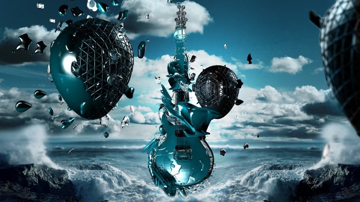 Surreal guitar exploding over stormy ocean
