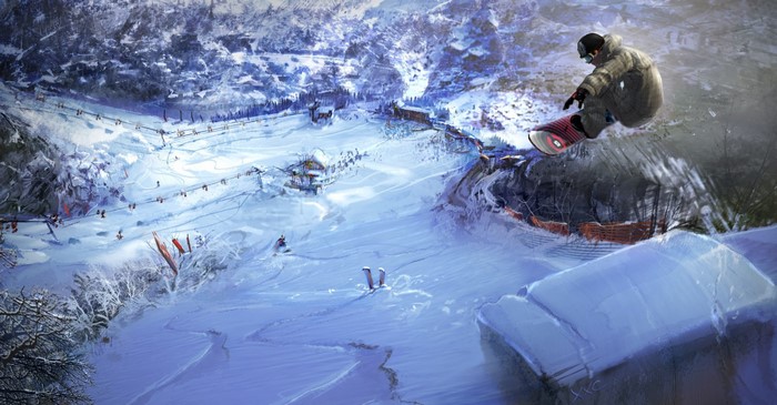 Snowboarder jumping on a snowy mountain slope