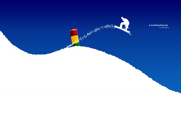 Snowboarder jumping over a flag pole