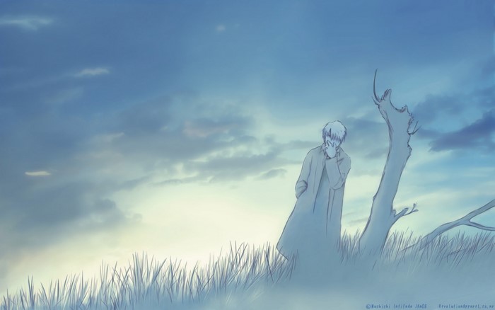 Ginko from Mushishi in a desolate landscape