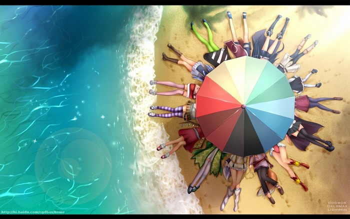 Anime girls lying on a beach around a parasol