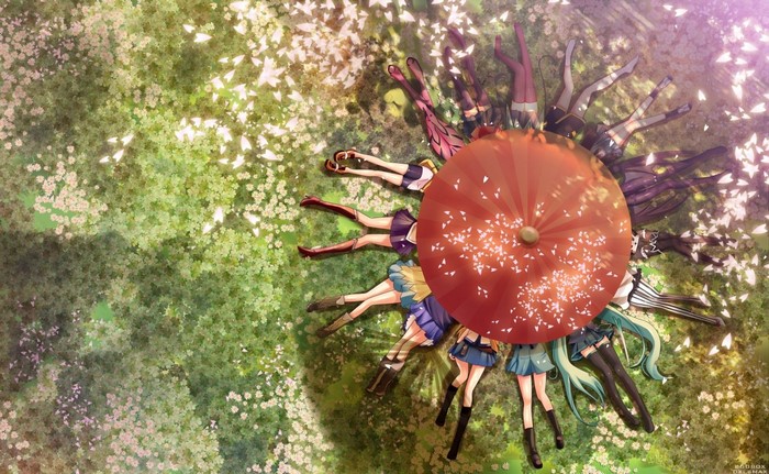 Neon Genesis Evangelion Girls in Spring Nature Scene