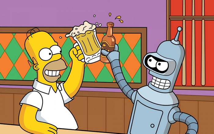 Homer Simpson and Bender from Futurama toasting with beer