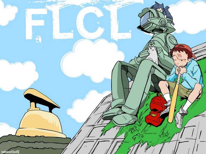 FLCL illustration featuring Naota and Canti with cats