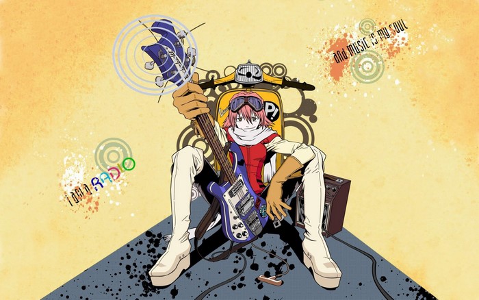 Haruko Haruhara from FLCL with a guitar and scooter