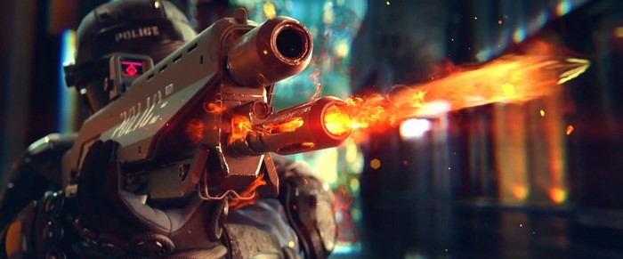 Police officer firing a weapon in Cyberpunk 2077