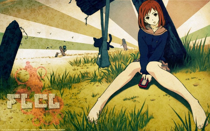 Mamimi Samejima from FLCL sitting in a field