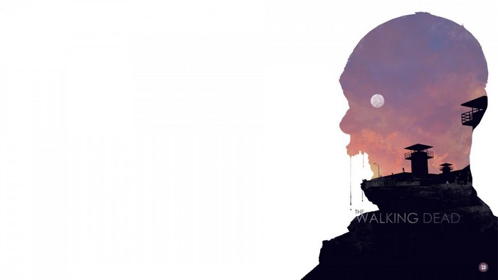 The Walking Dead silhouette with prison landscape