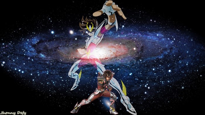 Two Saint Seiya characters in front of a galaxy