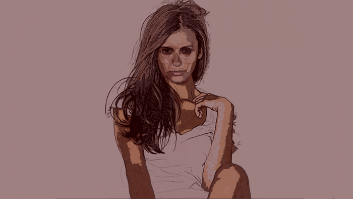 Woman with skull face and long brown hair