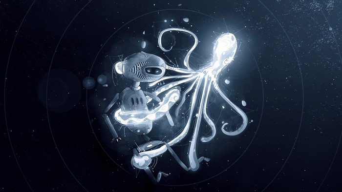 Robot and glowing octopus in space
