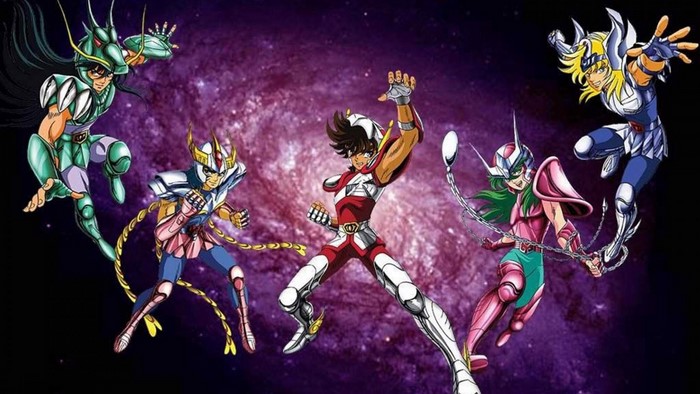 Saint Seiya characters in front of a nebula