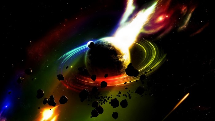 Colorful space art with planets and asteroids