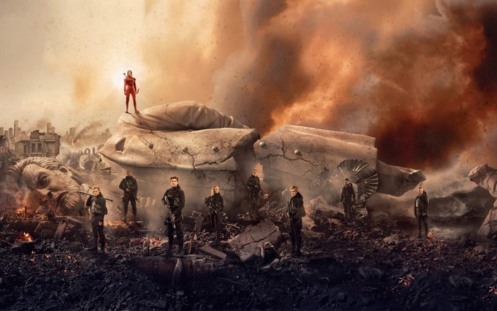 Katniss Everdeen from The Hunger Games in a destroyed city